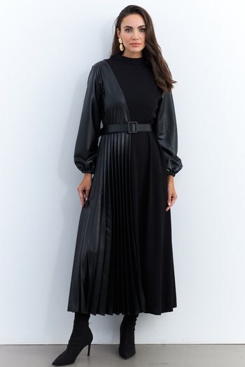 Cool & Modest Piele artificială neagră - Rochie maxi de damă cu blocuri plisate MALZ100