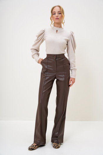 Trend Alaçatı Stili Women's Brown Front Stitching Double Pocket Faux Leather Palazzo Pants Alc-X9371