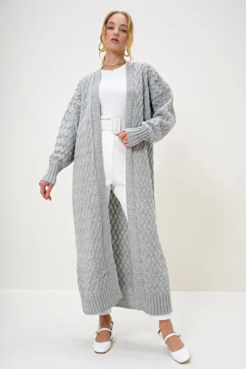 Trend Alaçatı Stili Grimelange V-Neck Hair Knit Patterned - Non-Closed Maxi Knitwear Women's Cardigan Alc-X12980