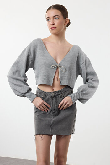 Trendyol Collection Gray Knitwear Super Crop Cardigan - Twoaw24Hi00315 with Bow Detail