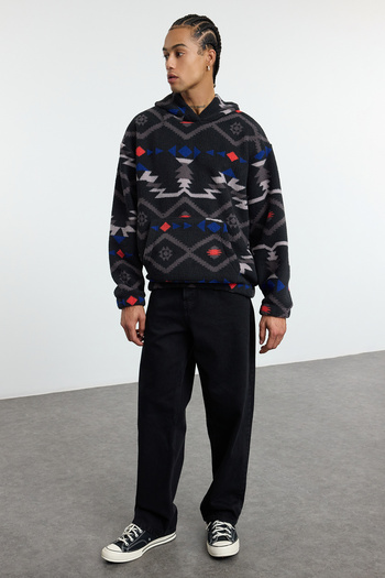 Trendyol Collection Unisex Černá Oversize Sherpa Fleece - Plyšová mikina s kapucí Tmnaw25Sw00147