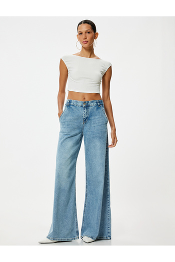 Koton Slim Fit Crop T-Shirt - Wrap, Back Detailed Cap Sleeve, Boat Neck
