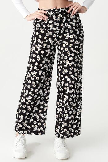 Select Moda Kadın Çiçek Desenli Beli Lastikli Geniş Paça Pantolon