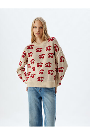 Koton Cherry Pattern Oversize Sweater - Crew Neck, Long Sleeve