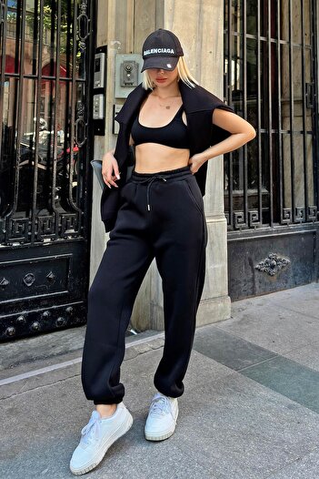 Swist Black Pawis High Waist Women's Sweatpants with Elastic Legs and Ribbon Inside