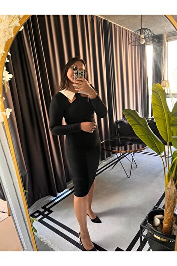 Store Beyaz Gömlek Yaka Detaylı Siyah Midi Boy Şık Elbise k