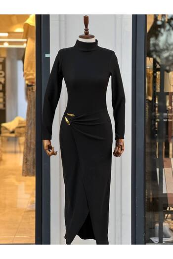 Fiori Ottoman Fabric Buckle Detailed Slit Black Dress