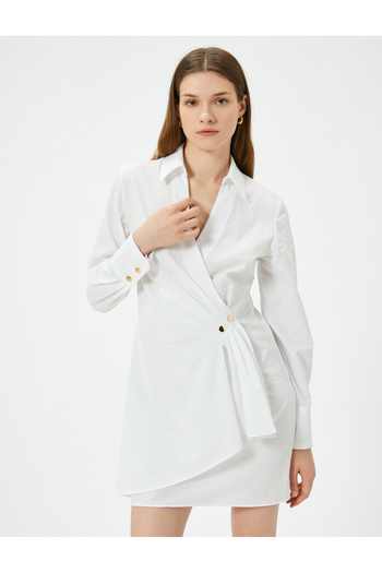 Koton Cotton V-Neck Shirt Dress - Wrap Cut, Buttoned