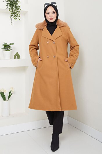 hafsamina Cashmere Coat with Fur Collar Detail Taba Hm2583