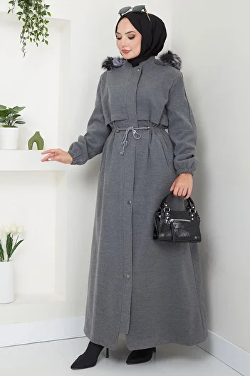 hafsamina Large Size Smoked Stamp Coat - Fur Hood and Lace-Up Hm2584