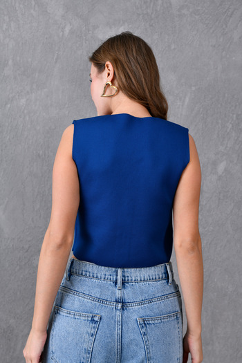 bayansepeti Navy Blue Stretchy Knitwear Fabric Design Button Detailed Crop Vest 9902