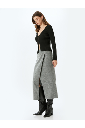 Koton Midi Size Asymmetrical Double Breasted Skirt with Ribbed Slits