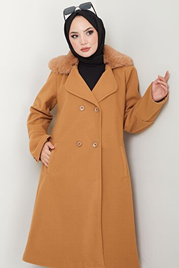 hafsamina Cashmere Coat with Fur Collar Detail Taba Hm2583