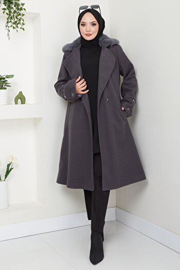 hafsamina Anthracite Stamp Coat - Fur Collar Detail, Hm2583