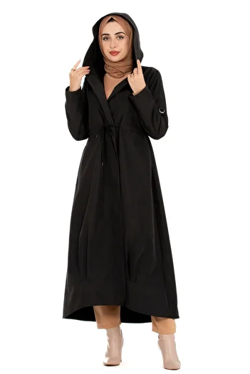 Sevitli Hooded Skirt Flounce Trench Coat-Black
