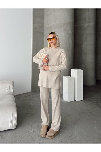 AFROGİYİM Women's Open Collar Ribbed Comfortable Cut Suit