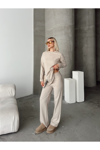 AFROGİYİM Women's Open Collar Ribbed Comfortable Cut Suit