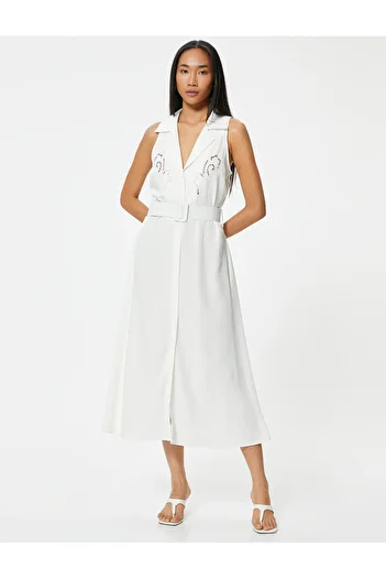Koton Floral Scallop Detailed Belted Midi Sleeveless Shirt Dress