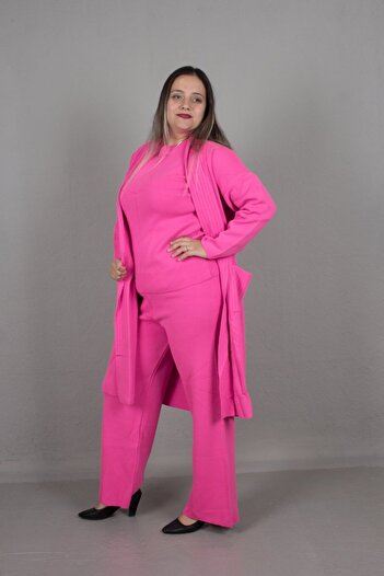 Truva XXL Set de tricotaje din bumbac din 3 piese de mărime mare - cardigan, bluză și pantaloni