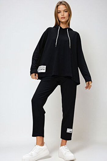 VAGGON Women's Black Coat of Arms Detailed Hooded Two Thread Tracksuit Set Prm1261