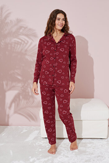 Siyah İnci Cotton Buttoned Claret Red Heart Patterned Pajama Set
