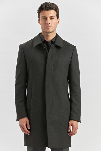 İmza Dark Anthracite Stamp - Comfort Fit Coat with Berber Collar and Slits1005245152