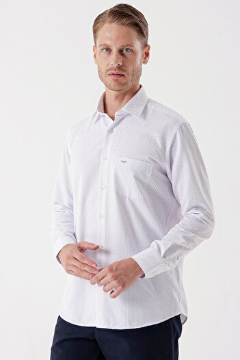 İmza Beyaz Uzun Kollu Baskılı Bez Ayağı Sert Yaka Cepli Klasik Comfort Fit Gömlek 1004235105