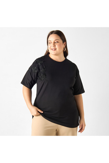Ulla Popken Plus Size Ulla Popken Embellished T-shirt with Short Sleeves