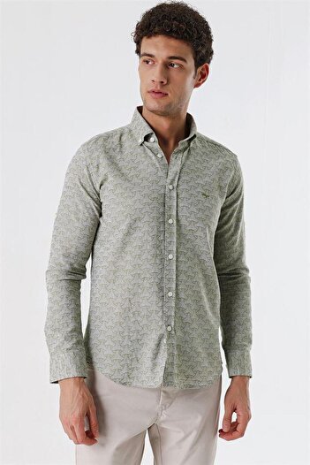 İmza Dark Khaki Shorten Sleeve Patterned Jacquard No Pocket 100% Cotton Casual Slim Fit Shirt 1004230181