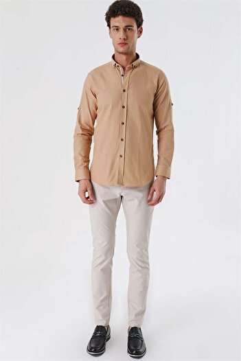 İmza Camel Kısalabilir Kollu Cepsiz Biyeli %100 Pamuk Casual Slim Fit Dar Kesim Gömlek 1004230179