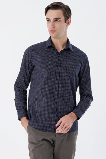 İmza Cămașă slim fit, cu mânecă lungă, cu imprimeu, albastru bleumarin, guler solid, fără buzunar, din bumbac 1004235146