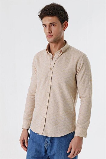 İmza Bej Kısalabilir Kollu Desenli JakarlıCepsiz %100 Pamuk Casual Slim Fit Gömlek 1004230181