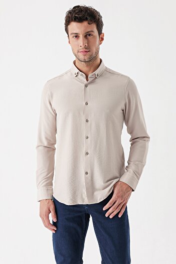 İmza Açık Bej Uzun Kollu Çizgili Gofreli Cepsiz Klasik Slim Fit Dar Kesim Gömlek 1004230233
