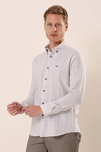 İmza Gri Uzun Kollu Kareli Cepsiz Klasik Slim Fit Dar Kesim Gömlek 1004230175
