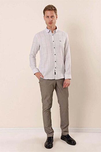 İmza Gri Uzun Kollu Kareli Cepsiz Klasik Slim Fit Dar Kesim Gömlek 1004230175
