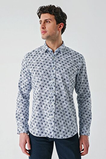 İmza Довгорукавна темно-синя бавовняна сорочка Slim Fit - з принтом та коміром, Casual 1004240211