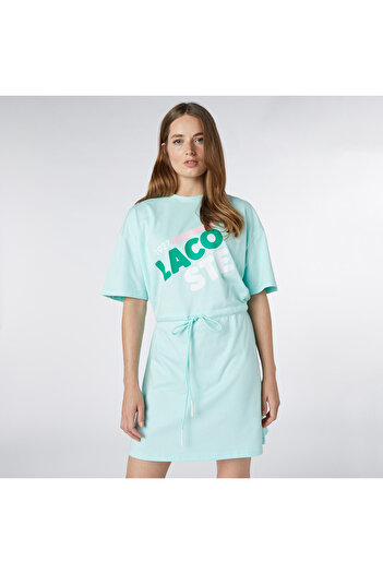 Lacoste Kadın Loose Fit Kısa Kollu Bisiklet Yaka Baskılı Açık Yeşil Ev Elbisesi