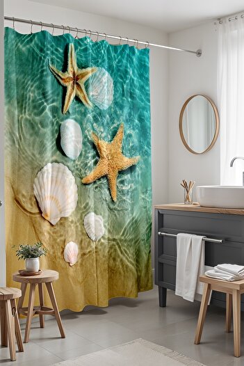 EVPANYA Banyo Perdesi, Kumsalda Deniz Yıldızı Desenli Duş Perdesi, Küvet Perdesi 175x200cm