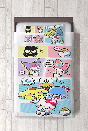 dekomingo White and Colorful Sanrio Patterned Baby and Children's Room Bed Cover