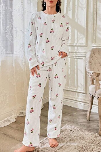 BELLA NOTTE Çiçek Desenli Fitilli Pamuklu Uzun Pijama Takımı