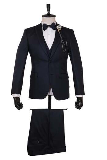 İmza Dark Navy Dobby Vest 6 Drop Slim Fit Lined Collar Lined Vest
