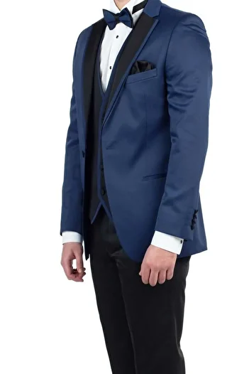 İmza Navy Blue Satin Mono Collar Lined Vest 6 Drop Slim Fit Slim Fit Tuxedo Groom Suit1001190152