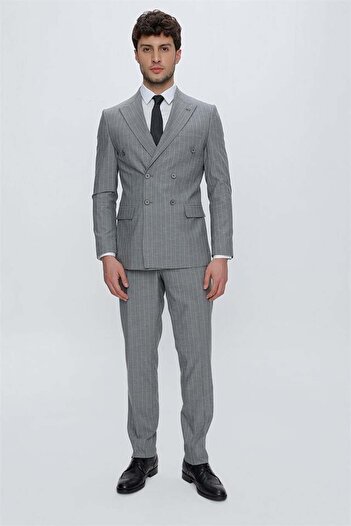 İmza Gray Striped Swallow Collar Lined Double Breasted 6 Drop Slim Fit Slim Fit Classic Set1001230164