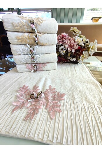 A.Z.H. Dowry Box 50x90 Cm. Pleated Special Velvet Texture Hand & Face Set of 6 Luxury Towels
