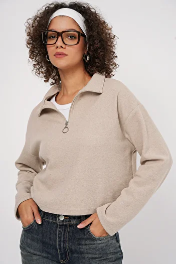 Bigdart 55449 Pletená mikina s golierom na zips – krémová