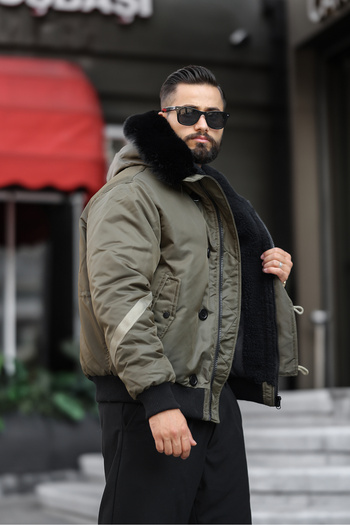 MODAEMAS Men's Hooded Fur Winter Bomber Coat