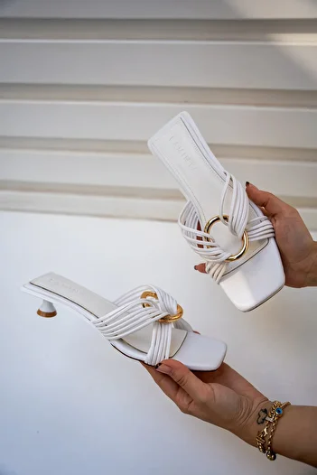 LAMİNTA 4cm Special Heeled Rosso White Women's Slippers - Ring Detail