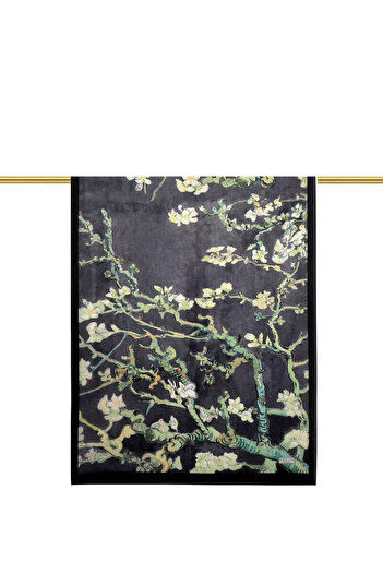 Bursa İpek Black Almond Flower Pattern Voile Silk Shawl