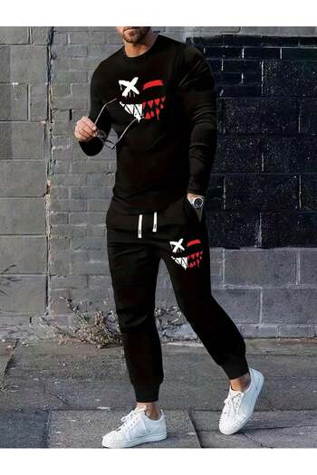 Pink Sky Face Front Printed Hoodie Oversize Gray Sweatshirt with Black Sweatpants Bottom Top Set