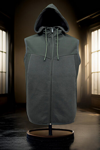 BESSA Men's Khaki Vest with Hood Inside Cotton Winter Fabric Hidden Zipper Pocket